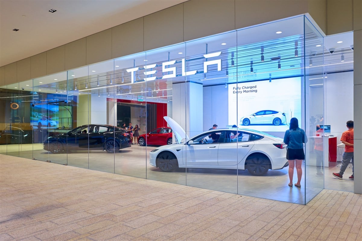 KUALA LUMPUR, MALAYSIA - NOV 13, 2023: Tesla showroom set up at new Pavilion Damansara Heights shopping mall due to open in 2023